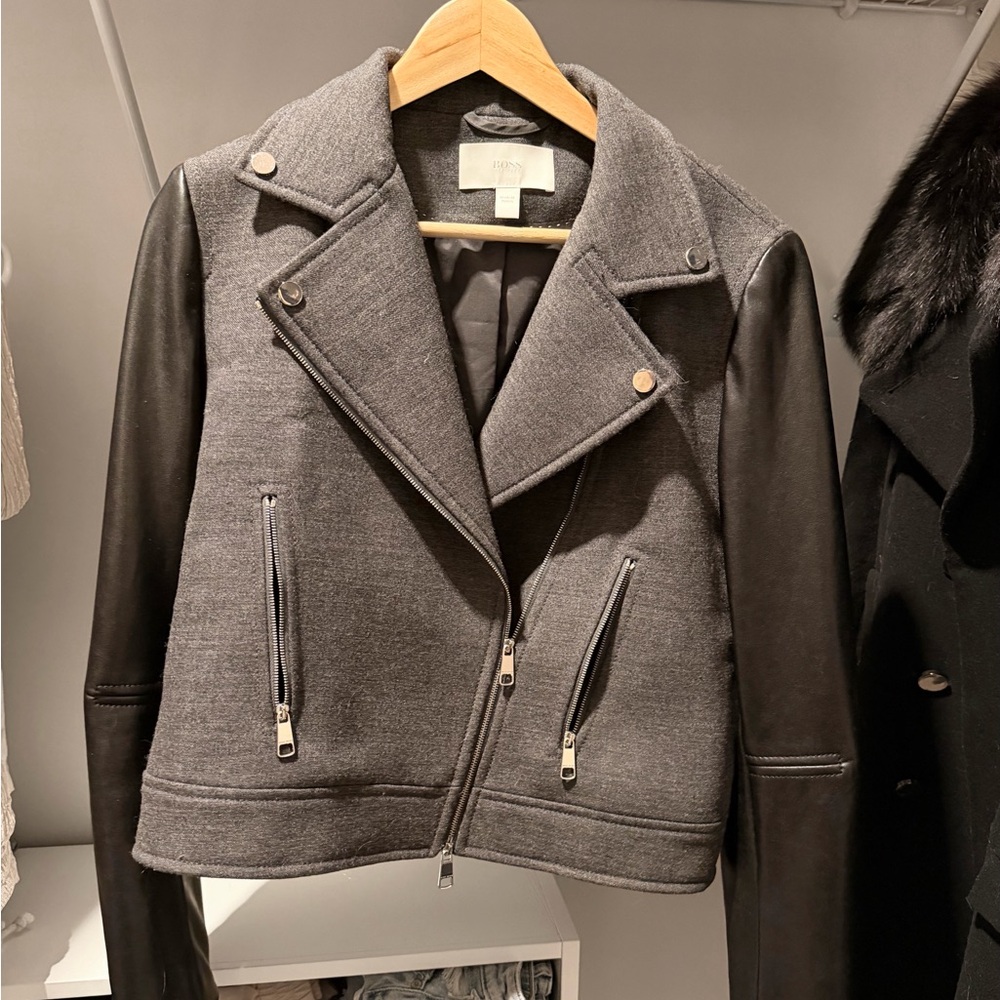 Hugo Boss Gray and Black Leather Jacket